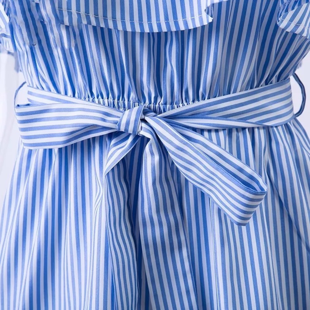 Blue Striped Off Shoulder Jumpsuit with Tie Waist - Picture 12 of 14